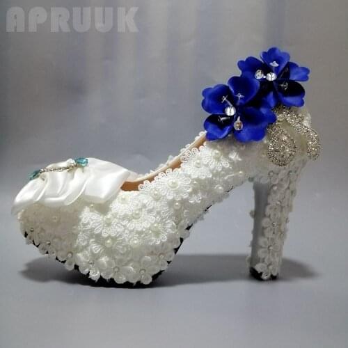 Lace pumps shoes woman handmade luxury satin butterfly-knot royal blue flower pearls bridal platforms plus size pumps shoes