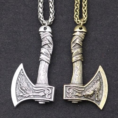 New Viking Wolf Crow Axe Pendant Necklace Alloy Chain Viking Jewelry Accessories Exaggerated Retro Simulation Jewelry