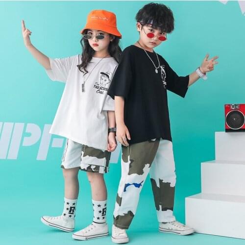 Girls Boys Hip Hop Clothing Ballroom Dancing Clothes Oversized Running T Shirt Casual Pants for Kids Camouflage Dance Costume