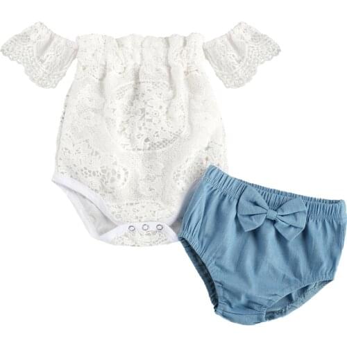 Toddler Baby Girls Two Piece Set Outfits Lace Embroidered Hollow Out Off Shoulder Romper Top + Bow Shorts 0-2T