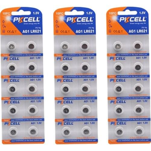 PKCELL 30Pcs 3Card AG1 LR60 164 621 Alkaline Button Coin Cell Battery for watches toys electric devices