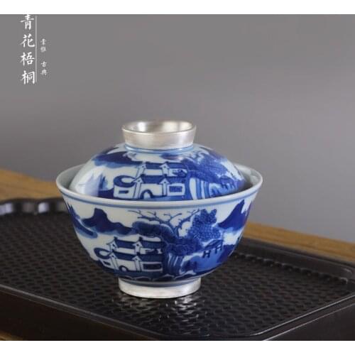 Hand painted ancient Chinese Wutong blue and white porcelain pottery tea main individual single cup tea set Jingdezhen