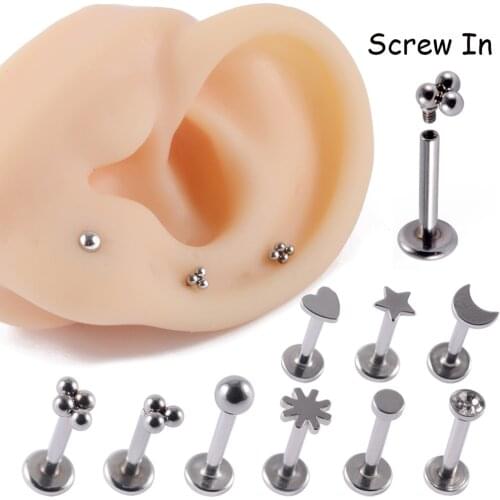 1PC Stainless Steel Heart Ball Moon Labret Stud Lip Ring Earring Ear Studs Ear Cartilage Tragus Helix Lobe Piercing Body Jewelry