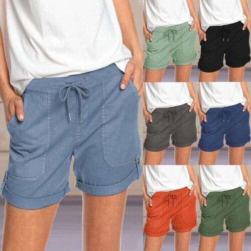 Leosoxs 2021 Summer New Fashion Womens Shorts Casual Solid Drawstring Pocket Straight Regular Buttons Ladies High Waist Shorts