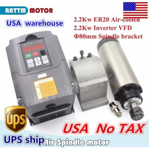 USA SHIP 2.2KW Air-cooled spindle motor ER20 4 bearing & 2.2kw Inverter VFD 220V & 80mm aluminium Fixing for CNC Milling Machine