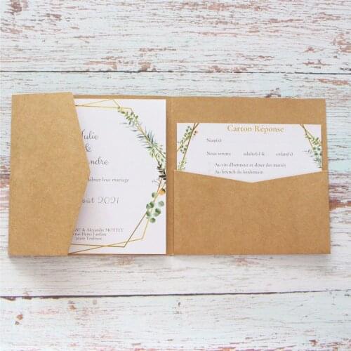 Wedding Invitations Tri-Fold Pocket Save The Day RSVP Invites Personalized Text Printing Pearl Craft Paper Multi Colors