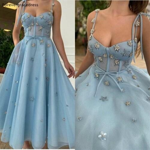 Light Sky Blue Prom Dress Spaghetti Strap Crystals Occasion Event Wear Party Gowns Custom Made Plus Size Available