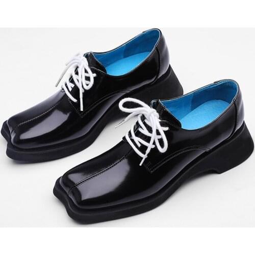 Platform Shoes Women Patent Leather Genuine Cow Leather Lace-Up Square Toe Brogue Flat Shoes Ladies Wedge Shoes