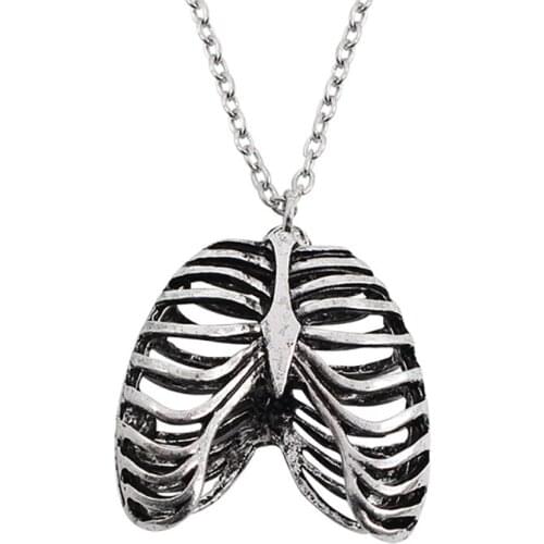 Vintage Metal Skeleton Necklace Human Rib Cage Anatomy Statement Pendant Necklace Skull Jewelry Men and Women Jewelry