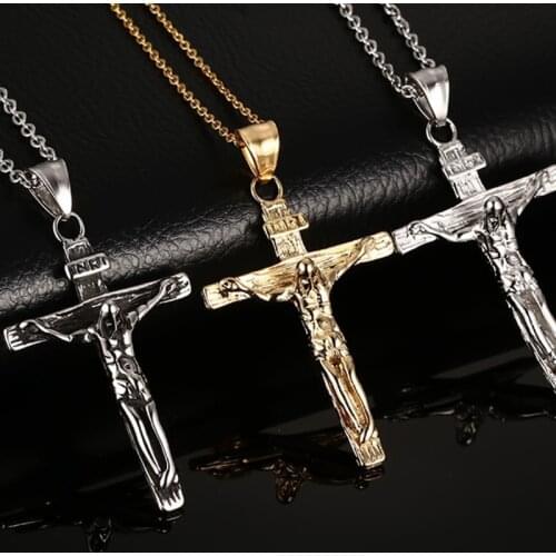Vnox Vintage Crucifix Pendant Necklace for Men Stainless Steel Cross Jesus Jewelry