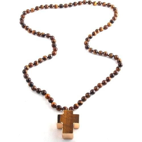 RH Fashion Beaded Jewelry Tiger Eye Stones Long Knotted Semi Precious TigerEye Cross Pendant Necklaces