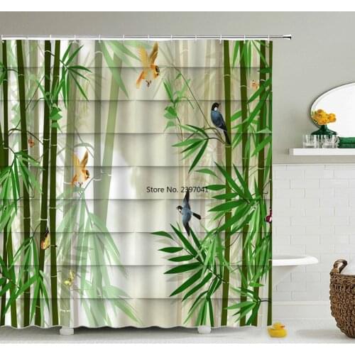 Bathroom Shower Curtain Prints Fabric Polyester Curtains For Waterproof Chinese bamboo high quality Bath Curtain Hooks Decor