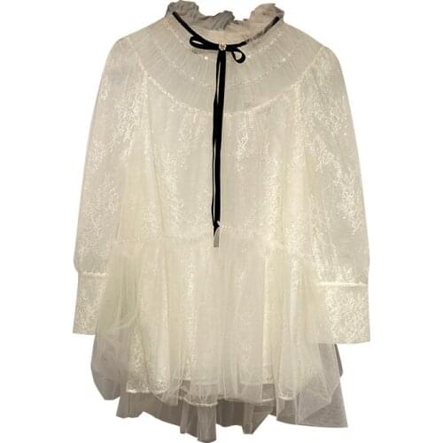 High Quality Lace Blouse 2021 Autumn Women Bow Collar Sexy Tulle Mesh Beading Deco Long Sleeve Sexy Lace Tops Shirt Female