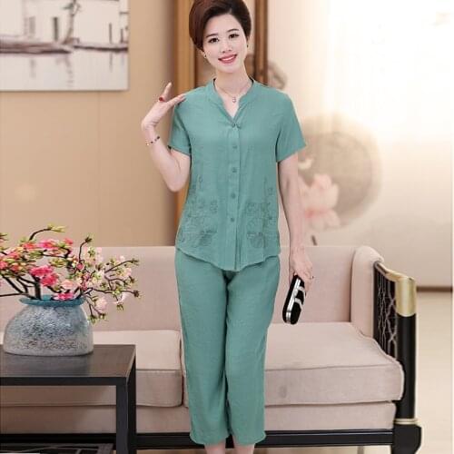 2017 New design summer womens linen cotton suit set cardigan two pieces casual v-neck female embroidery suits set with pants