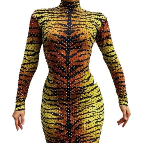 Sexy Leopard Printed Shining Rhinestone Dress Women Evening Party Show Bodycon Mini Dress Nightclub Dance Outfit