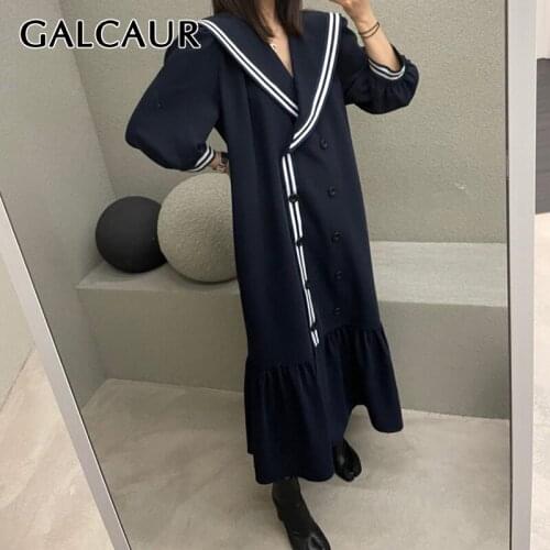 GALCAUR Blue Sweet Dress For Women V Neck Long Sleeve Double Breasted Solid Midi Dresses Female Korean Fashion Clothing 2021 New