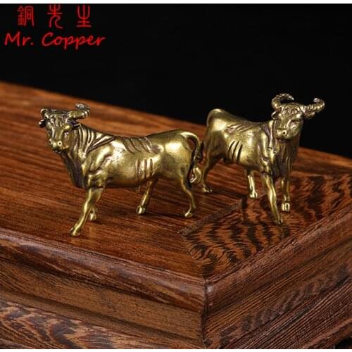 Pure Brass Zodiac Bull Miniature Animals Statue Handmade Home Decoration Ornaments Craft Copper Figurines Desk Decor Accessories