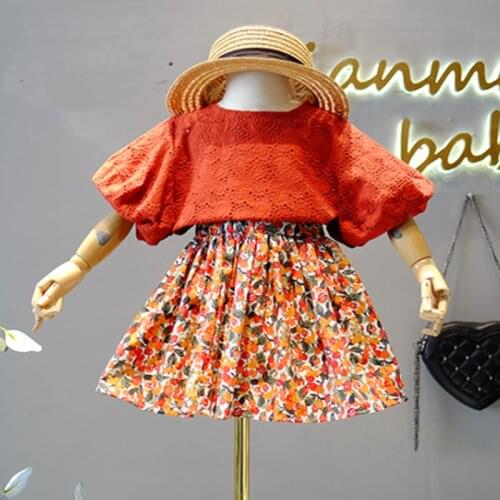 2021 Kids Girl Clothes Outfits Fashion Puff Sleeve Clothing Hollow Out Top and Floral Skirt 2PCS Set