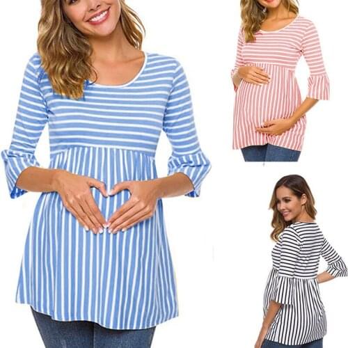 2021 Womens Maternity Tunic Tops Striped Pregnancy Blouse 3/4 Sleeve Side Ruched T-shirt Maternity Clothes Pregnant Womens Cloth