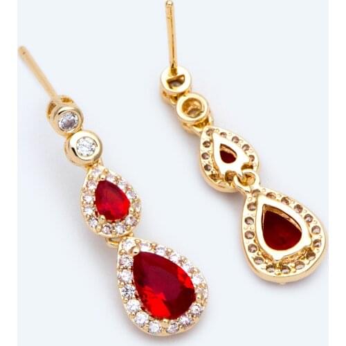 4pcs Red CZ Paved Earring 25x8mm, Gold Plated Brass, Quality Stud Earring (#GB-1651-1)