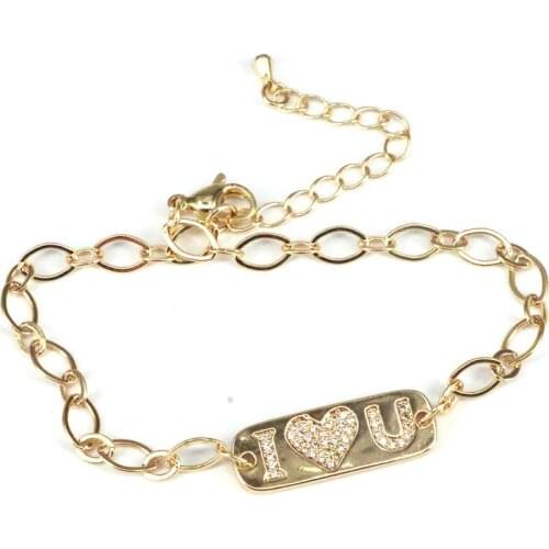 5Pcs, Gold Color Curb Link Chain For Women Word Love Bar Charm Bracelet CZ Jewelry Gifts