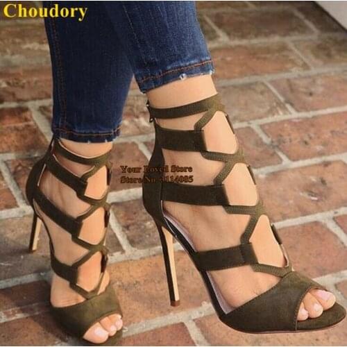 Choudory Army Green Suede Caged Sandals Stiletto Heels Net Dress Shoes Cut-out Gladiator Sandals Banquet Dress Pumps Footwear
