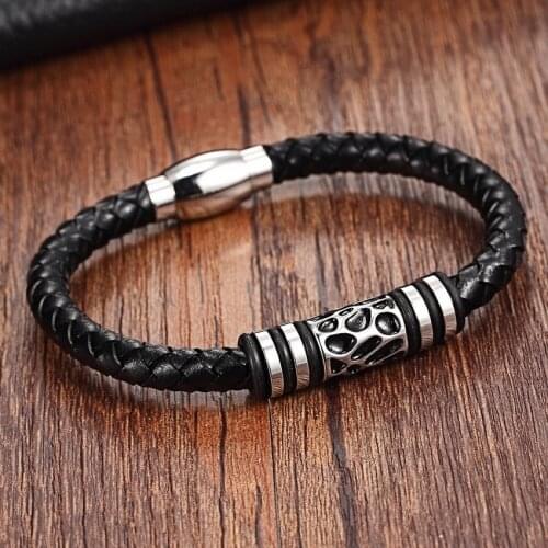 XQNI 2 Styles Crack Design&Hollow Geometric Stripe Magnet Buckle Genuine Leather Bracelet For Men Luxury Fathers Day Gift