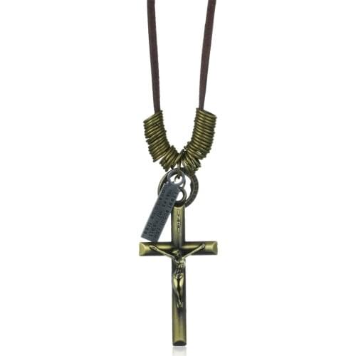 Antique Bronze Color Metal INRI Cross Pendant Necklace Adjustable Leather Chain Necklace for Men Choker Religious Jewelry Gifts
