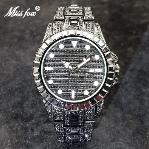 MISSFOX Hip Hop Black Mens Watches Luxury Full Diamond Quartz Watch Personalized Iced Out Luminous Waterproof Relogio Masculino