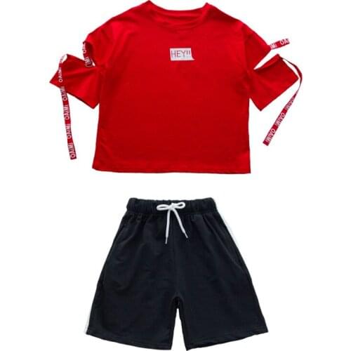 Children Hip Hop Clothing Long Red T shirts Tops Black Casual Shorts Ballroom Dancing Costume for Girls Boys Jazz Dance Clothes