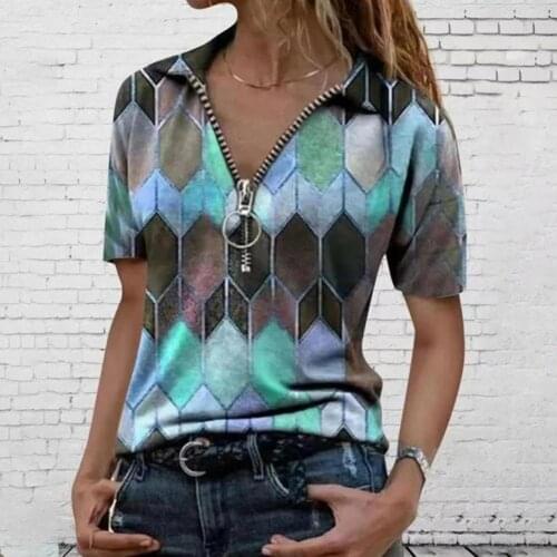 T-shirt Geometric Print Short Sleeve Top Fashion Women Zipper Blouse for Summer Soft Primer Tops Slim Blouse Loose Street Shirts