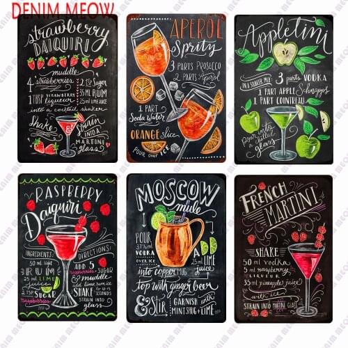 Classic Cocktail Metal Signs Ice Cold Drink Strawberry Daiquiri Plaque Vintage Blackbord Drawing Bar Pub Posters Home Decor WY4