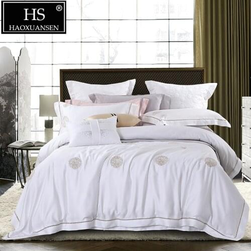 White 100% Tencel Lyocell 4 Piece Embroidery Bedding Sets 650 Thread Count Soft Soft Smooth Breathable Durable Sheets Set