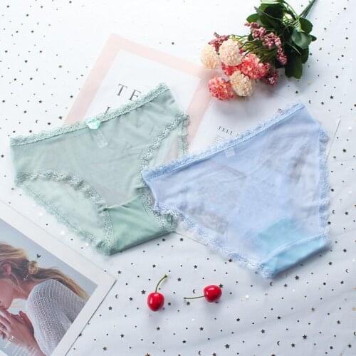 Medium Waist Transparent Mesh Underwear Female Sexy Lace Traceless Briefs Cotton Crotch Large Pants Wholesale