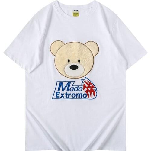 New Large Size Men T-shirt Beach Summer T shirt High Street Loose Casual T-shirt Men Drop Shoulder Cotton Tees Tops Bear Print