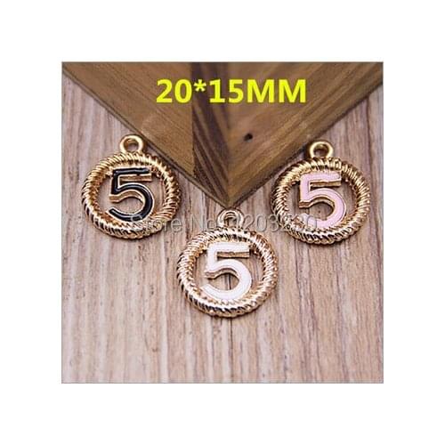 Newest Round shape number five core flating locket charm 20*15mm alloy gold-color drop oil necklace pendants diy jewelry making