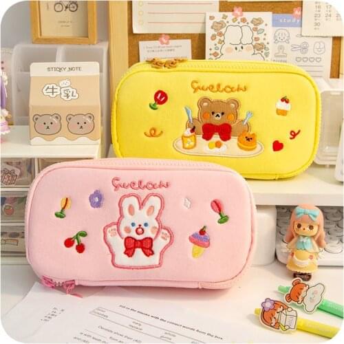 Original Rabbit Pink Plush Pencil Case Student Stationery Pencil Bag Cute Large Capacity Canvas Storage Bag School Supplies