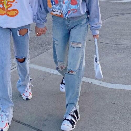 B-TOTO European and American light-colored split jeans straight-leg ripped pants womens trendy ins high-waist mopping pants