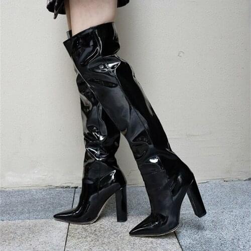Red Black Over the Knee Boots Women Warm Knee High Boots High Heels Winter Boots Ladies Boot Artificial Patent Leather High Boot