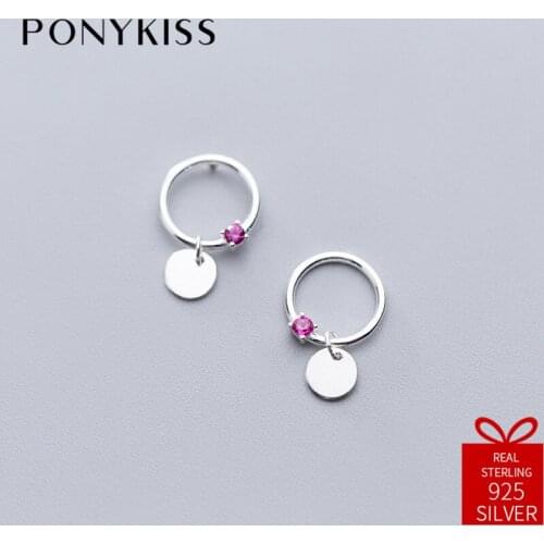 PONYKISS Trendy Real 925 Sterling Silver Zircon Round Geometric Dangle Drop Earrings Women Party Birthday Fine Accessory Gift