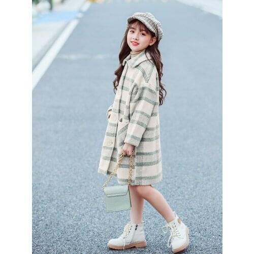 Girls Woolen Coat Fall Winter Foreign Style Childrens Thickened Quilted Mid-Length Woollen Clothes Teenager Kids Outerwear P384