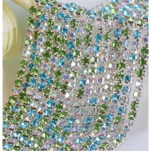 SS6 SS8 SS10 SS12 multicolour AB Rhinestone silver Cup Claw Chain dense Trim strass rhinestones chain A91