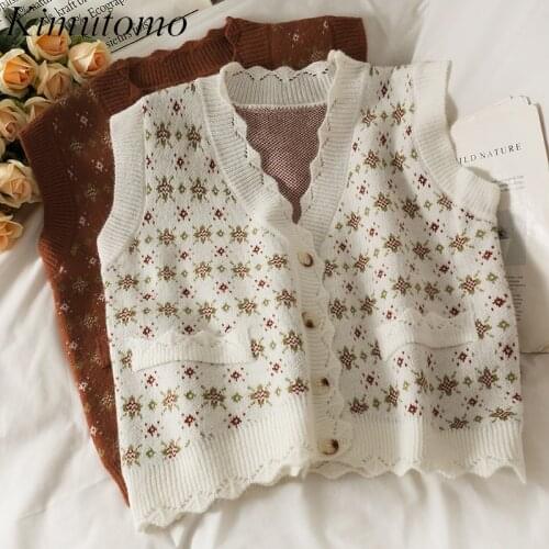 Kimutomo Vintage Floral Sweater Vest Women Early Autumn Korea V-neck Sleeveless Button Up Slim Short Knitted Waistcoat Femme