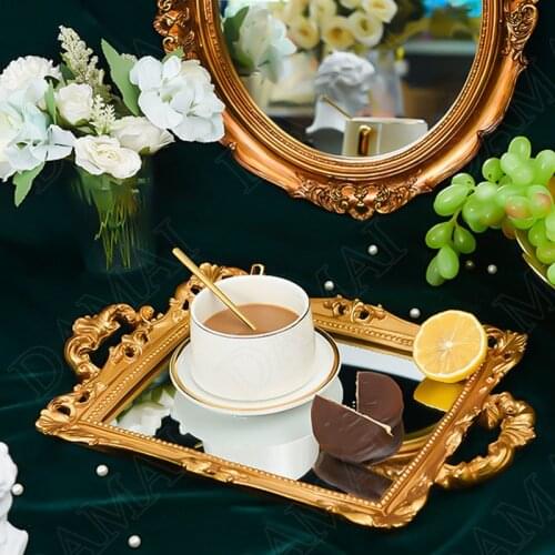 Retro Resin Mirror Tray Carved Decor Afternoon Tea Cake Organizer Living Room Desktop Tableware Trays European Home Decoration