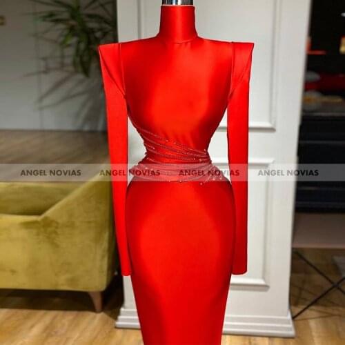 ANGEL NOVIAS Red Women Long Sleeves High Neck Satin Arabic Evening Dress 2021 with Crystals Robes De Soiree Longue