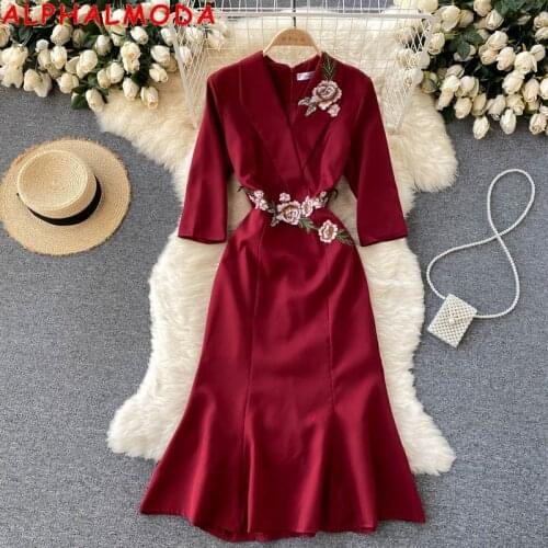 ALPHALMODA 2021 Half-sleeved Embroidery Flower Notched Collar Women Elegant Suit Dress Slim Fit A-line Fashion Office Dress