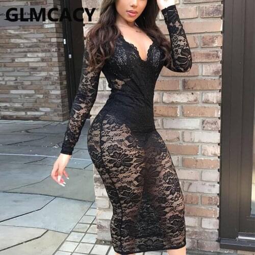 Women Long Sleeve V Neck Lace Dress Sexy Bodycon Club Party Midi Dress