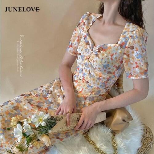JuneLove Floral French Dress Elegant Women New Summer V-Neck Short Sleeve Fairy Dress Print Chic Retro Sweet Boho Dress Vestidos