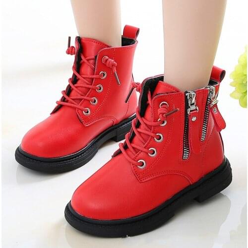 Winter Kids Boots Girl Leather Shoes Autumn New Boys Martin Boots Fashion Non-slip Plush Ankle Boot Warm Boot Cotton Shoes E227