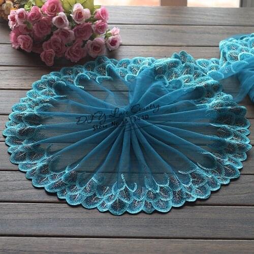2y/lot 21cm wide Embroidered Floral Tulle Lace Pteris Inlaid silver wire Lace Ribbon ~French Lace Fabric